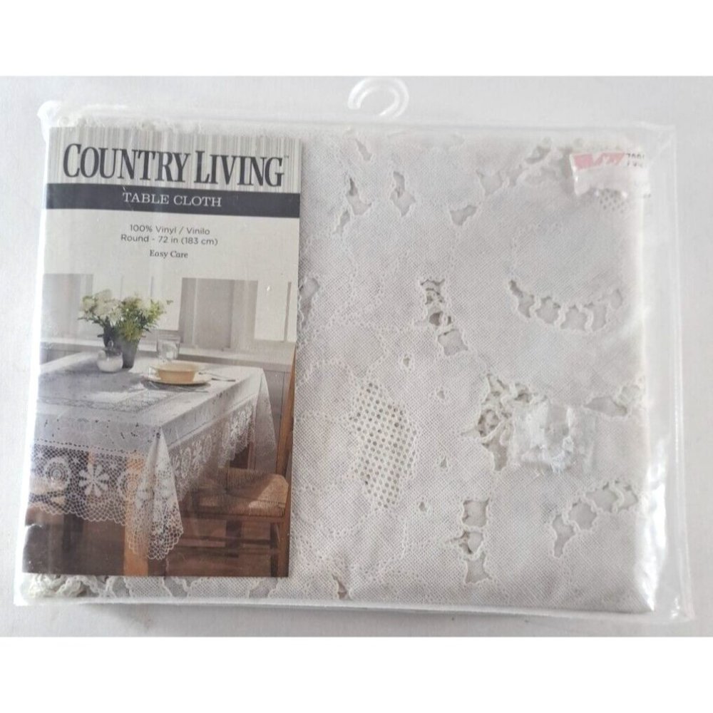 Vintage Crochet Vinyl Round Tablecloth NOS NEW White Country Living 72"